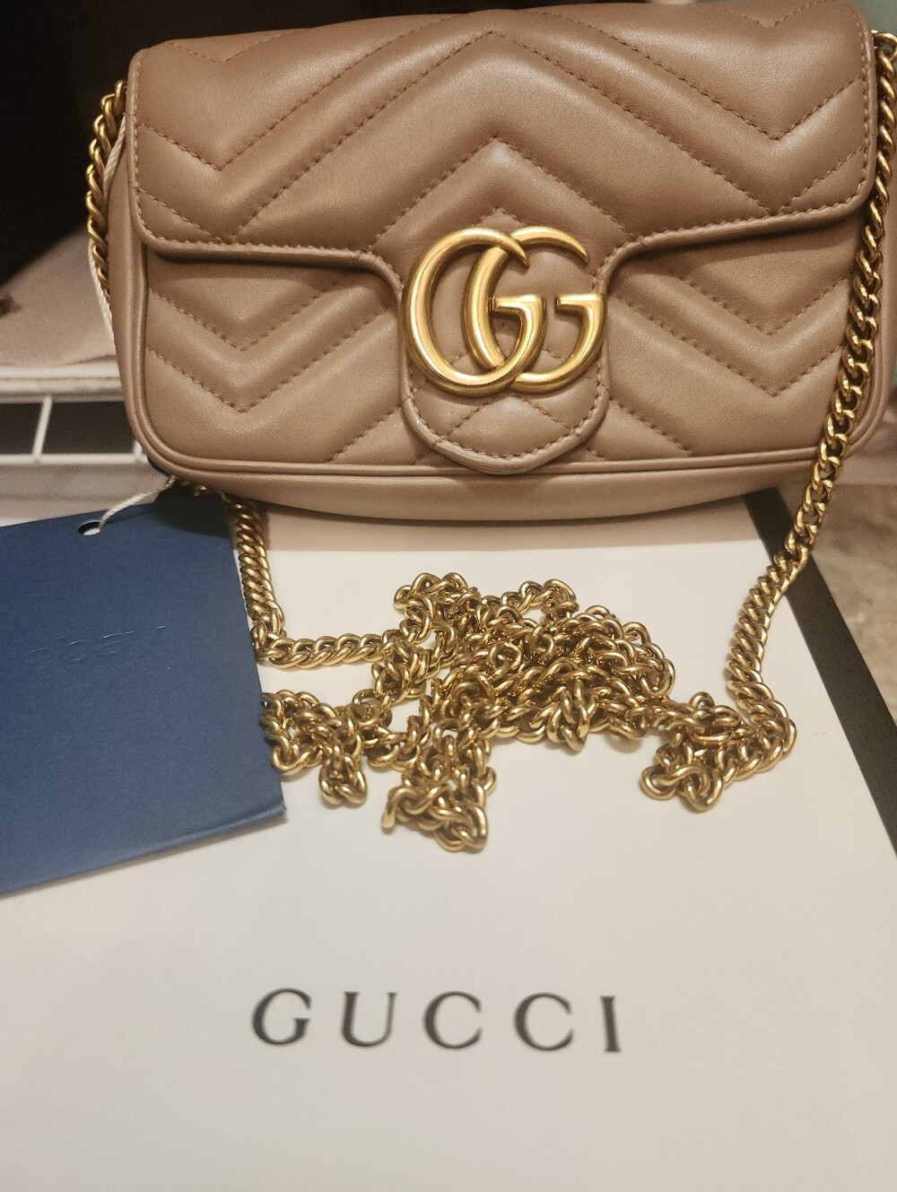 Gucci Marmont Mini Matelassé Shoulder Bag in Taupe